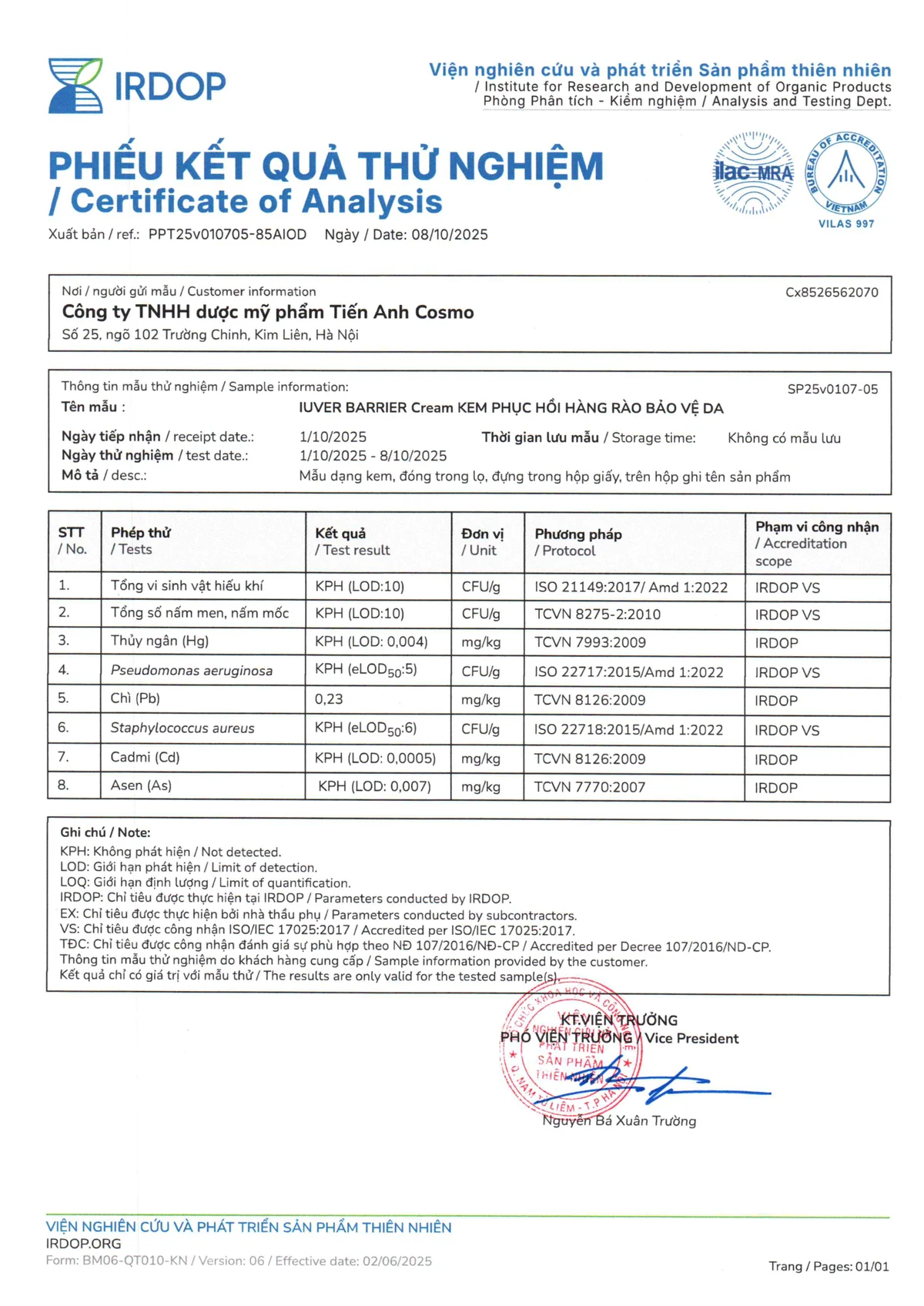 Phiếu kết quả thử nghiệm IRDOP